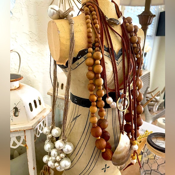 Gorgeous Nature Natural Wooden Bead Necklace Collection w Pearls, Abalone, Jute - Picture 5 of 12